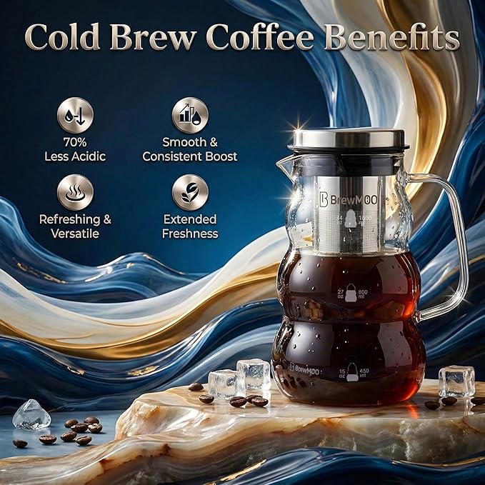 Cold Brew Coffee Pitcher (1.0L/34oz) - Elegant Sleek Wave Borosilicate Glass Pitcher with 100um 304 Stainless Steel Filter & Airtight Lid, Efforless Mannual for Beginner, Sophisticated Gift