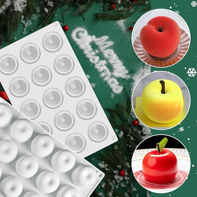 Apple Silicone Mold, 15-Cavity Shape Mousse Cake Molds, 3D Fruit Ice Cream Candy Molds, Non-Stick Sphere Silicone Molds for Chocolate French Fruit Cake Decoration