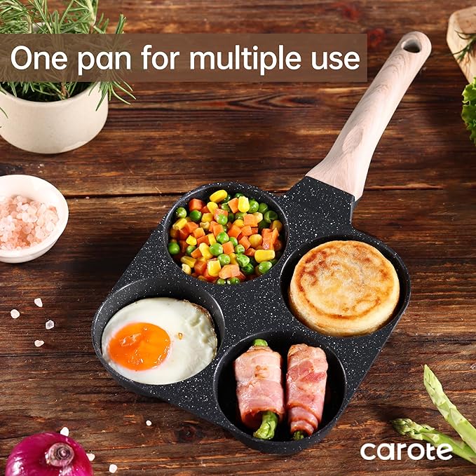 CAROTE Egg Pan Omelette Pan, 4-Cup Nonstick Granite Omelette Skillet - Pancake Pan and Healthy Egg Cooker Suitable for Gas Stove & Induction Cookware, Black
