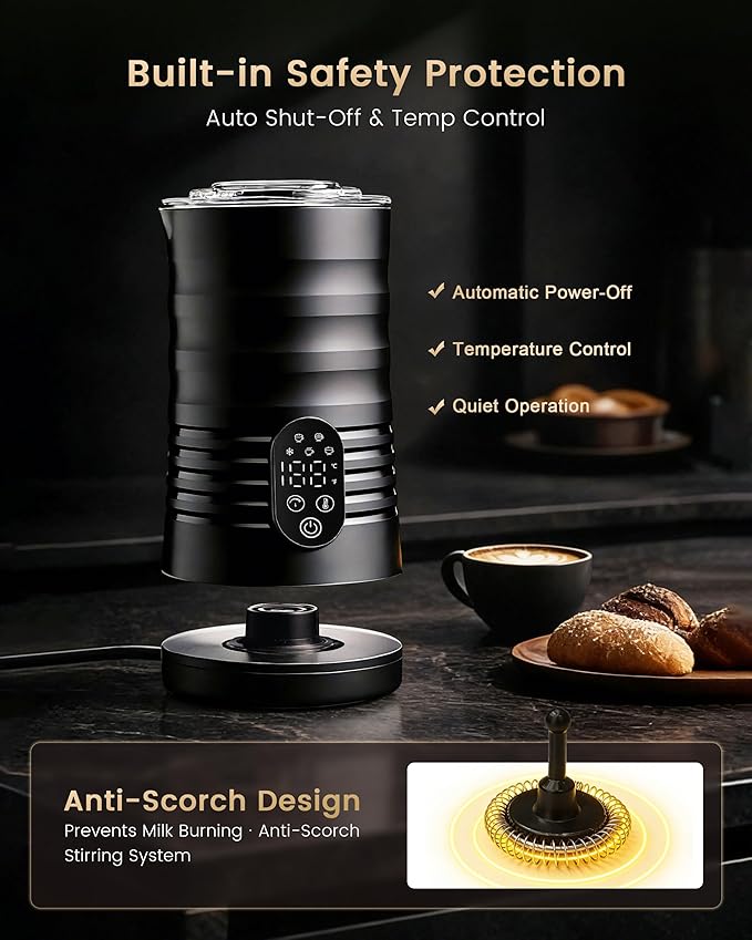 Milk Coffee Frother and Steamer,Temperature Display, 350lm, Burn-Free Base, Easy To Clean, 96% High Foam Rate,Ultra-Quiet Operation,Electric Cold Foam Maker Machine,Hot Chocolate Frother - Black