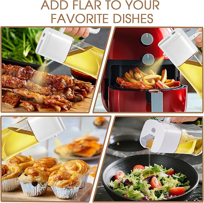 2-in-1 Olive Oil Sprayer Bottle & Dispenser, 16.9oz/500ml for Air Fryer, Salad, Cooking, BBQ - Oil Sprayer Bottle for Kitchen, Non-Stick Spray, Grill & Baking