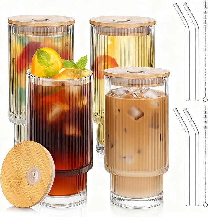 4 Pack Glass Cups with Lids and Straws, 16oz Ribbed Drinking Glasses Tumblers Durable Drinkware Water Glasses Cup Ideal Gift for Home, Kitchen, Office