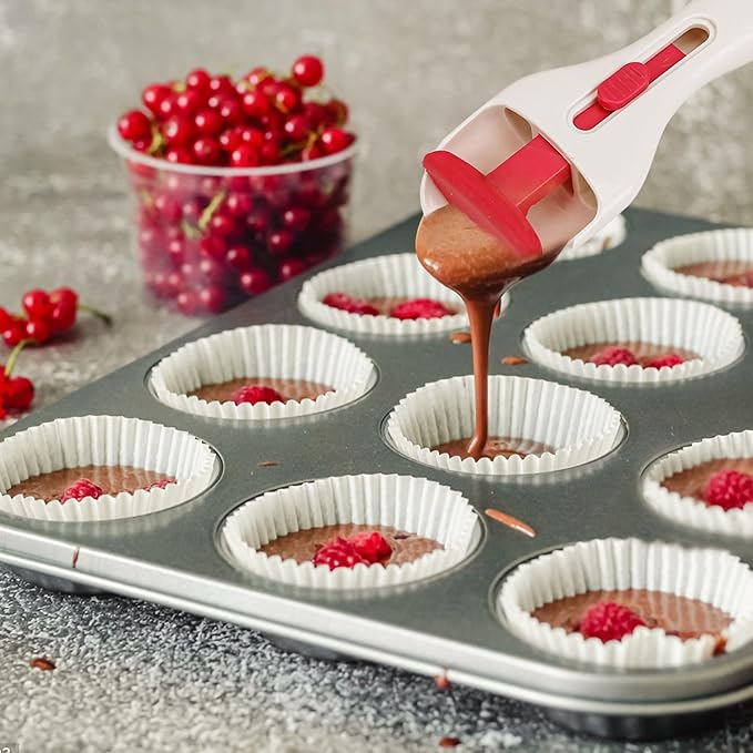 2Pcs Cupcake Scoop Batter Dispenser – One-Touch Sliding Button Dispenses Baking Tool for Muffins, Cakes, Pastry Spatula DIY Home Kitchen Scoopers Distribution Spoon, BPA Free & Dishwasher Safe