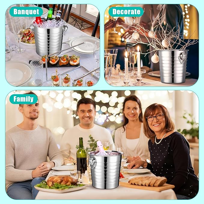 Pinkunn 3 Pack Stainless Steel Champagne Bucket 3 Qt Metal Ice Bucket Double Wall Wine Buckets with Handles Party Beverage Chiller for Champagne Beer Cocktail Wine Drinks Home Bar Accessories (Silver)