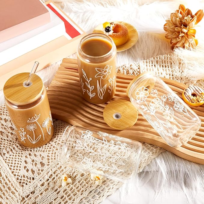 Mumufy 4 Pack Bridesmaid Gift Glass Cups, Cute Flower Mason Jars with Bamboo Lids & Straws, 16oz Iced Coffee Tumblers for Wedding, Bridal Party, Birthday, Mother's Day(Boho Floral)