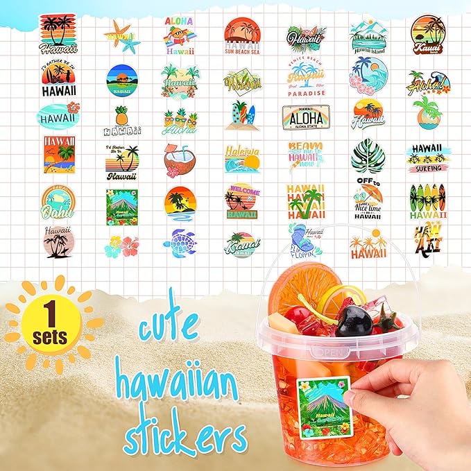 Funnymoom 30 Sets Clear Plastic Cups 24 oz Ice Cream Buckets with Lids & Straws Disposable Drink Cups Cocktail Pails Bulk with Handles and Stickers for Outdoor Beach Birthday Pool Party(Hawaii)