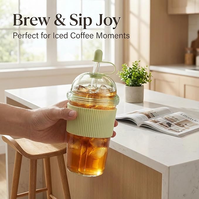 Reusable Ices Coffee Cups with Lids and Straws 17oz, Boba Cup with Straw, Tumbler with Silicone Sleeve for Cold Drinks, Iced Coffee, Bubble Tea Green,
