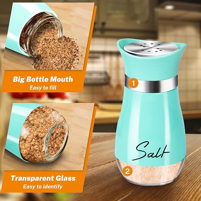 Salt and Pepper Shakers Set,4 oz Glass Bottom Salt Pepper Shaker with Stainless Steel Lid for Kitchen Cooking Table, RV, Camp,BBQ Refillable Design (Cyan-Blue)