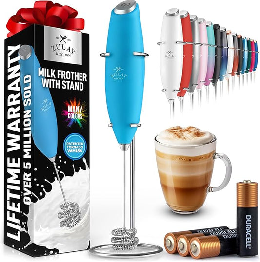 Zulay Kitchen Patented Tornado Triple Whisk Milk Frother with 4 Duracell Batteries – Handheld Foam Maker for Coffee, Lattes, Matcha & Hot Chocolate – Rich, Creamy Froth in Seconds - Teal Blue