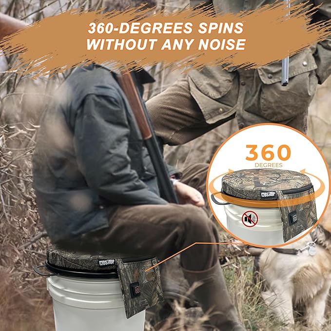 MDSTOP Heated 5 Gallon Bucket Seat, 360-Degree Swivel Bucket Seat Lid, Waterproof Top Seat Foam Cushion for Dove Duck Hunting, Ice Fishing, Baseball, Gardening, Camping（No Power Bank）