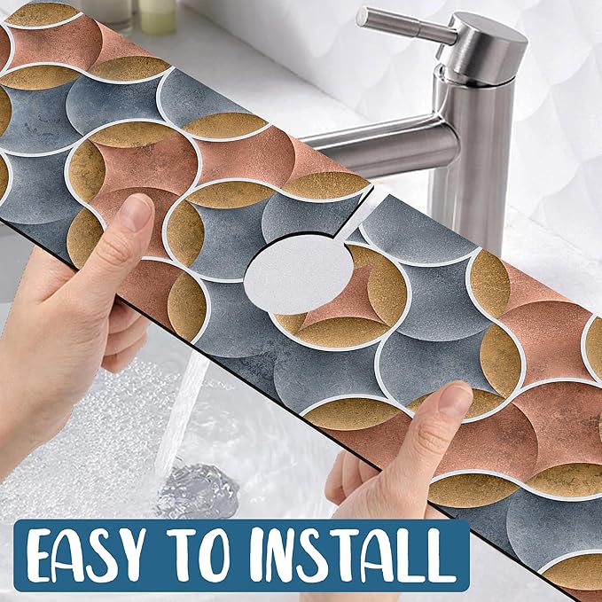 Geometric Printing Sink Splash Guard Faucet Mat Ceramic Tile Texture Super Absorbent Fast Drying Mat Sink Gadgets-Splash Guard Behind Faucet Drip Catcher for Kitchen Bathroom, 23.5"x5.5"