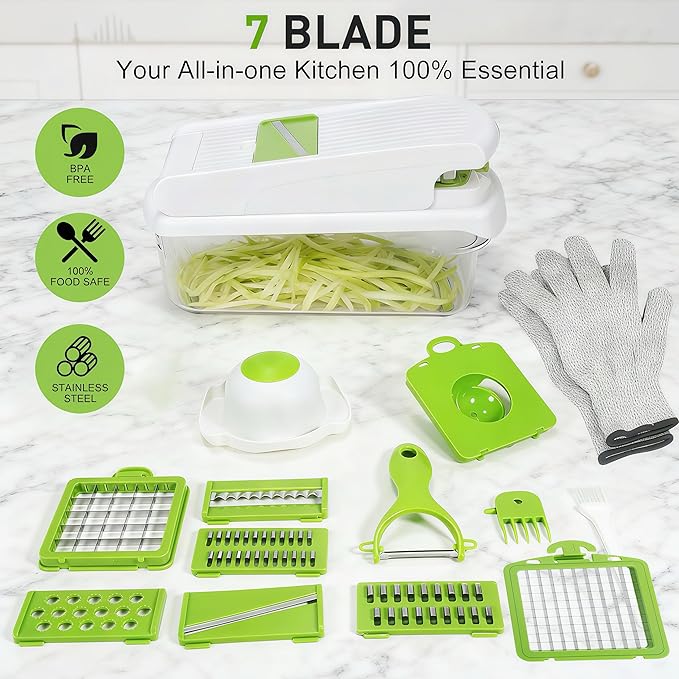 Mandoline Slicer for Kitchen, Vegetable Chopper & Dicer, Professional Food Slicer with Stainless Steel Blades, Safe Veggie Chopper for Onion Potato Carrot Fruit, Easy to Clean