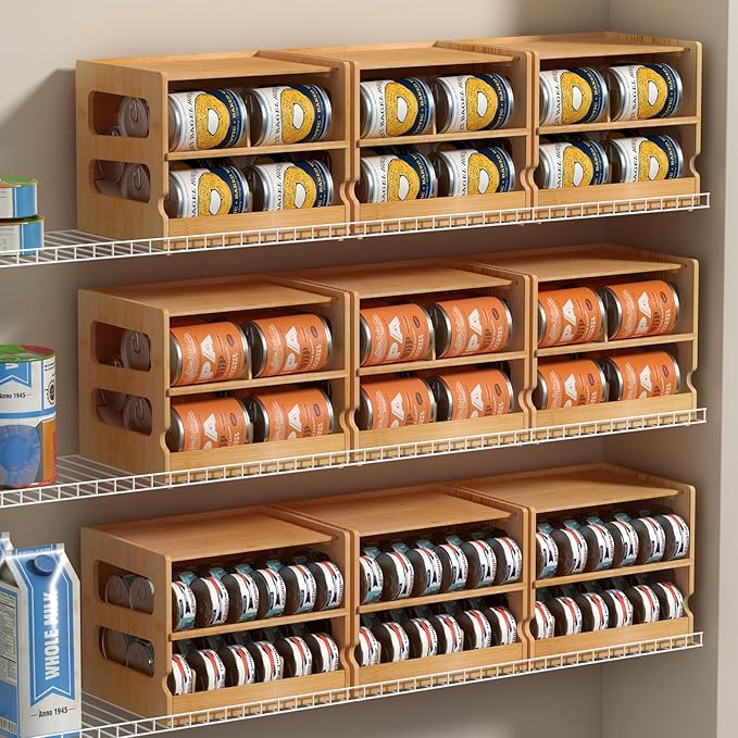 Teamkio Stackable Bamboo Cat Food Organizer, 2-Tier Adjustable FIFO Can Dispenser Space-Saving Storage, Holds Up to 36 Cans - Ideal for Pantry, Cabinet, Countertop