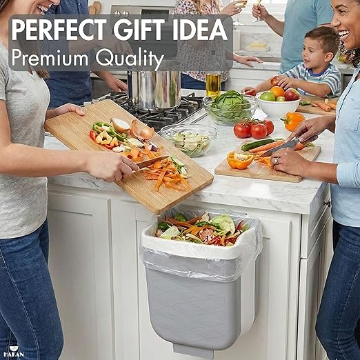 Hakan Hanging Foldable Trash Can for Kitchen Cabinet Door | Collapsible Narrow Waste Bin | Compact Travel Trash Can | Space Saving 6 L Plastic Garbage Bin Under Sink | 1.5 Gallon Waste Basket, Gray