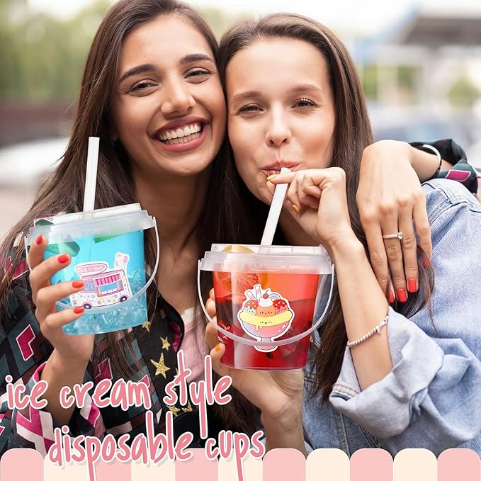 Funnymoom 30 Set Drink Buckets with Lids & Straws 24 oz Clear Plastic Disposable Ice Cream Cups Rum Cocktail Pails Bulk with Handles & Stickers for Summer Holiday Outdoor Beach Pool Party Supplies