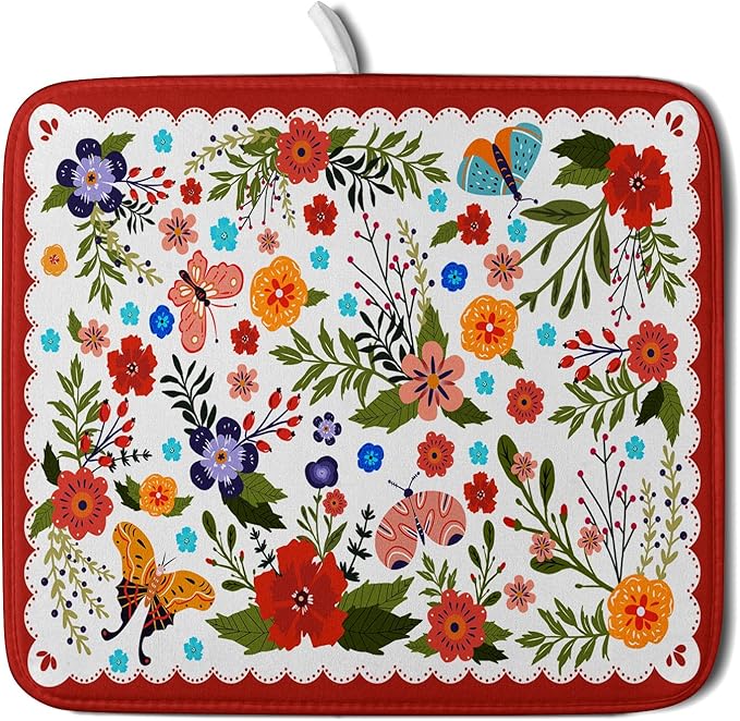 Flowers Printed Dish Drying Mat Floral Coffee Mat for Kitchen Counter Small