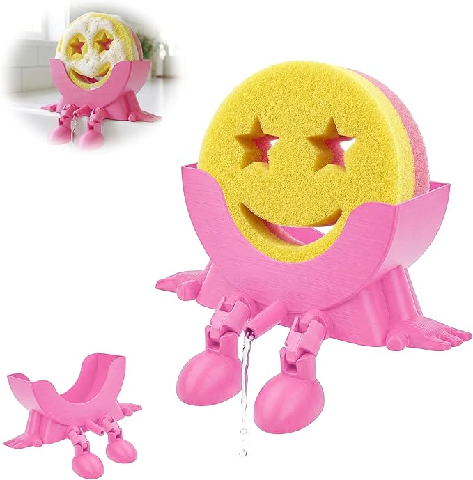 Cute Hanging Sponge Holder with Drainage & Legs, 3D Printed Funny Sink Stand for Round Sponges, Aesthetic Kitchen Sink Edge Organizer, Countertop Decor, Quick-Drying Storage Cleaning Gadget