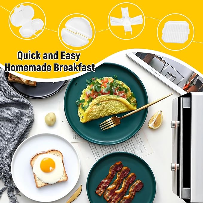 (4pcs) Easy Breakfast Set, Microwave Egg Cooker/Poacher, Microwave Omelet Maker, Microwave Bacon Tray/Cooker, Baked Potato Cooker, Easy To Use and Non-Stick Egg Cookwarez