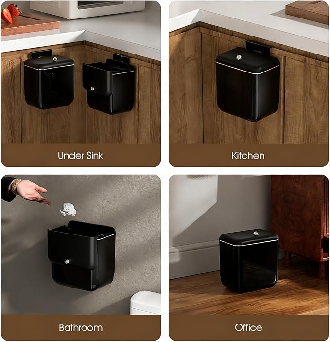 Large 3.2 Gallon Compost Bin, Under Sink Trash Can with Lid, Hanging Waste Cabinet for Office Kitchen Cupboard Bathroom Bedroom, Both Black