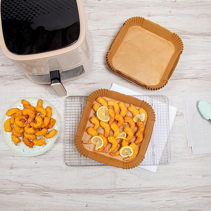 Restaurantware-Pastry Tek 8.1 x 8.1 x 1.8 Inch Air Fryer Liners, 100 Square Air Fryer Baskets - No-Stick Silicone Coating, Unbleached, Food-Grade Paper Liners, For Steamer, Microwave, Oven, Fry Pan