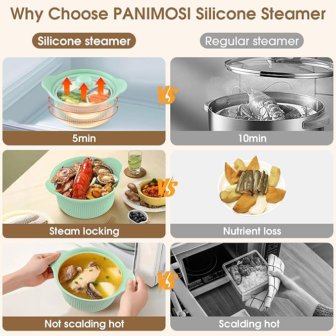 42oz Microwave Silicone Steamer 3 Compartmented, 4 in 1 Large Microwave Pot with Handle & Lid for Vegetables/Baby Food, Oven & Dishwasher Safe, Easy Clean,100% Food Grade Steamer Bowl (Green)