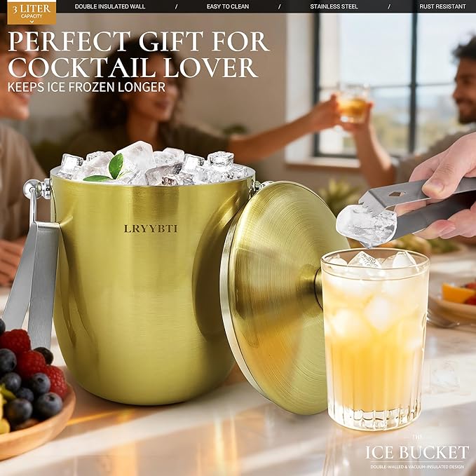Ice Buckets for Parties with Lid,Tongs and Strainer (3L/Gold) Double Wall Stainless Steel Ice Bucket Keeps Frozen Longer,Ideal Perfect for Parties, Cocktail bar, Chilling Wine, Champagne