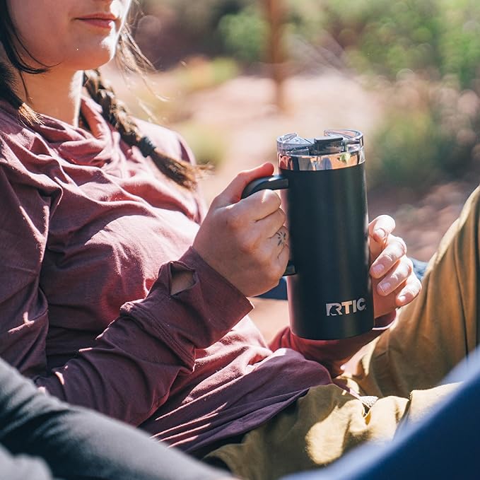 RTIC 16oz Road Trip Travel Mug with Lid and Handle, Ceramic Lined, Insulated, Stainless Steel, Metal, Double Wall Vacuum-Insulation, Portable Coffee, Tea Cup for Hot and Cold Drink, Black
