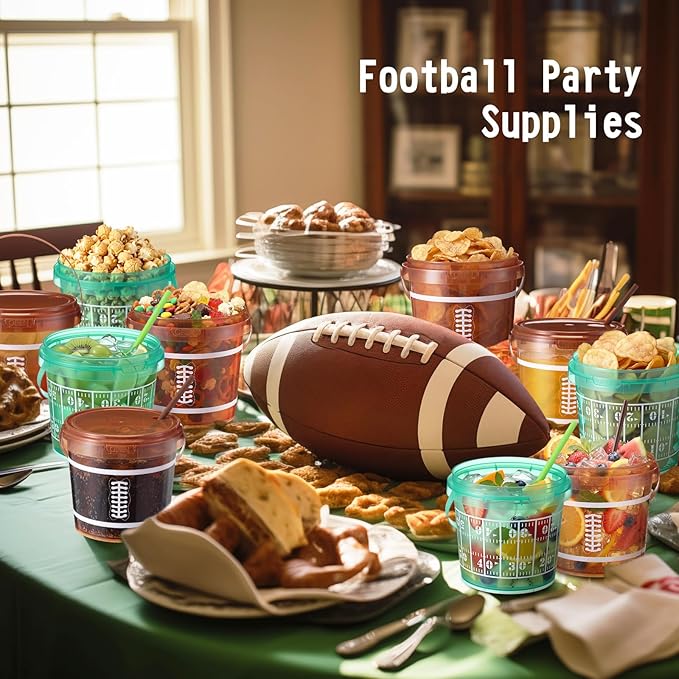 12 Set 25 oz Football Field Plastic Drink Buckets with Straws Handles Lids Reusable Cocktail Rum Buckets 750ml Smoothie Milk Tea Cups Food Containers Pails Sport Party Supplies