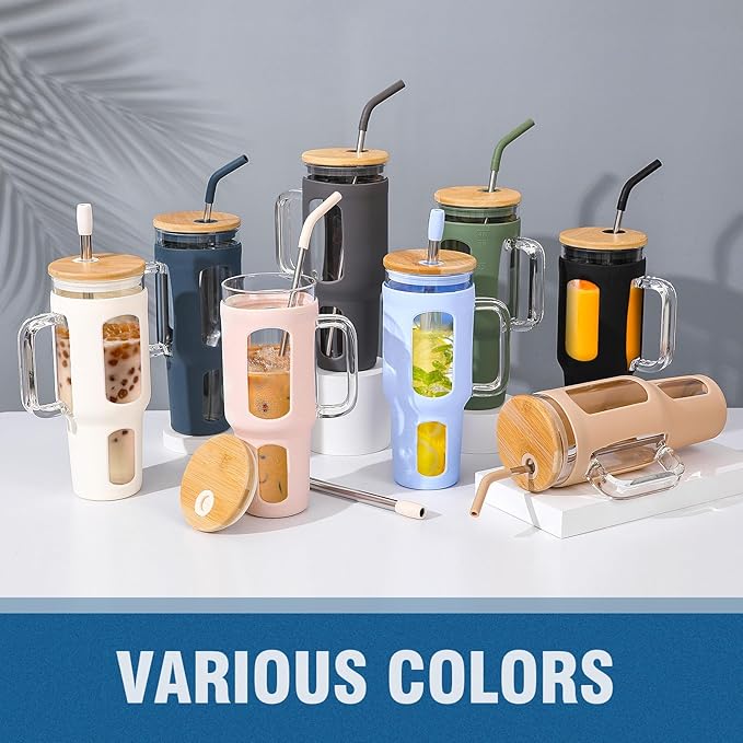 WINSA Glass Tumbler with Lid and Straw, 46 oz Iced Coffee Cup with Handle, Large Water Bottles with Silicone Sleeve, Glass Cup with Straws - Pearl Straw & Drinking Straw BPA Free-Blue