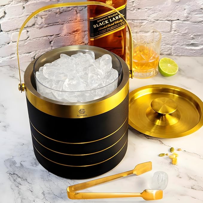 3L - Double-walled stainless Steel Ice Bucket with lid, Ice Tong and Inner Bucket for parties, cocktail bars and indoor and outdoor parties