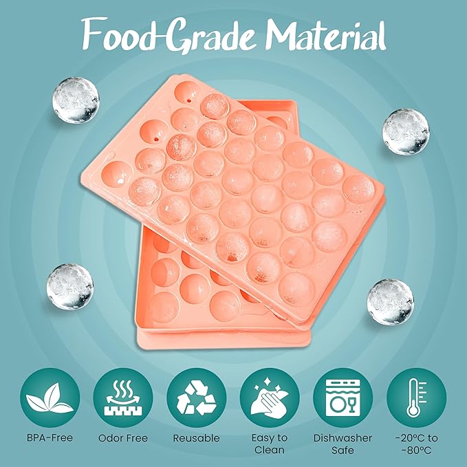 2 Pack Round Ice Cube Trays - 0.8" 66PCS Tiny Sphere Ice Ball Maker Molds, BPA-Free Plastic Stackable Circle Ice Cube Tray for Freezer with Lid, Mini Sphere Ice Mold for Cocktail/Whiskey/Coffee/Drinks