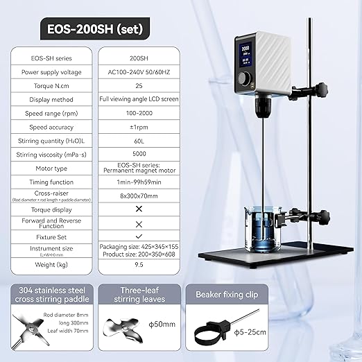 Electric Overhead Stirrer 60L Digital LCD Mixer 100-2000 RPM Variable Speed Lab Stirrer with Timer Stand & Rod for Laboratory