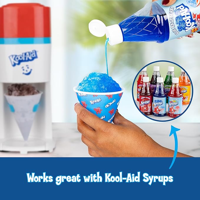 Kool-Aid Shave Ice and Snow Cone Machine, Multi-Use Ice Shaver for Frozen Treats, Slushies, Snow Cones, and More – Reusable Cup and Ice Mold, Stainless Steel Blades – Red and White