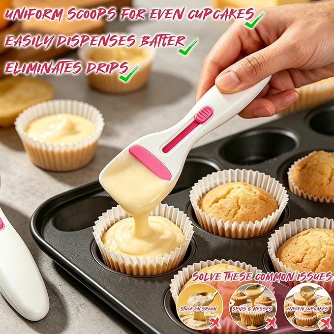 2pcs Pink Pastry Scoop Batter Dispenser with One-Touch Button, Baking & Pastry Dispensing Tool for Muffins, Cupcakes, Cookie Dough & Pancakes, BPA Free Dishwasher Safe Kitchen Gadget