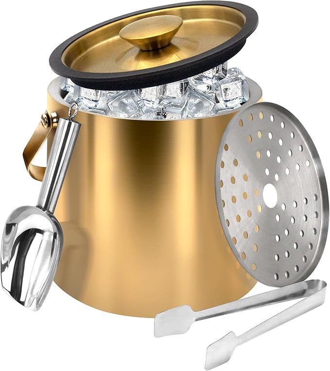 Gold Ice Bucket 3.2L – Double Wall Insulated Stainless Steel Ice Bucket with Lid, Scoop & Tongs – Large Champagne Bucket for Parties, Bar Cart, Outdoor Events, Cocktail & Wine Chilling