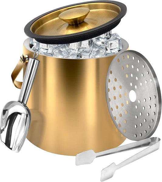 Gold Ice Bucket 3.2L – Double Wall Insulated Stainless Steel Ice Bucket with Lid, Scoop & Tongs – Large Champagne Bucket for Parties, Bar Cart, Outdoor Events, Cocktail & Wine Chilling