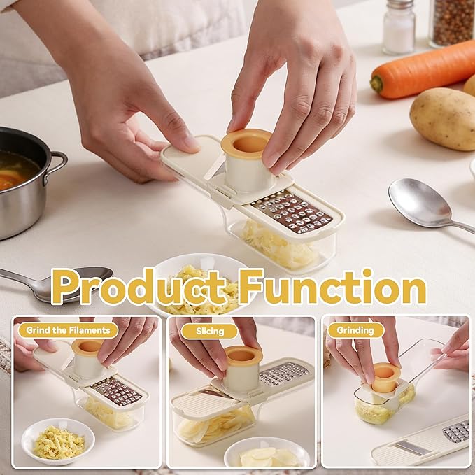 3 in 1 Garlic Slicer Set with Ginger Grater, Vegetable Peeler, Garlic Peeler & Brush, Soft Ergonomic Handle Kitchen Tool, Vegetable Chopper with Container, Ideal Kitchen Helper