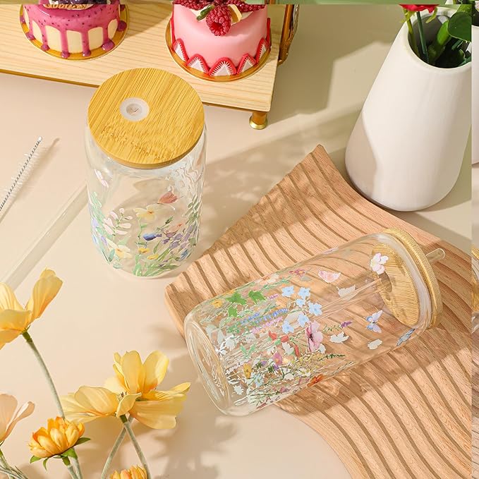 Mumufy 2 Pack Bridesmaid Gift Glass Cups, Cute Flower Mason Jars with Bamboo Lids & Straws, 16oz Iced Coffee Tumblers for Wedding, Bridal Party, Birthday, Mother's Day(Wild Flower1)