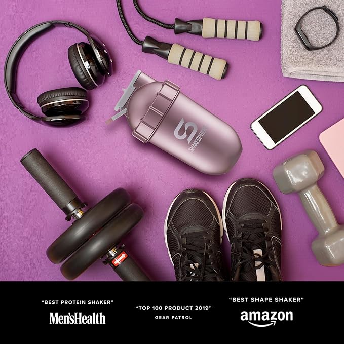 SHAKESPHERE Shaker Bottle - 24oz Leak Proof Protein Shaker Bottle for Pre Workout, Smoothie, and Powder Drink Mixes, No-Blade Mixer for Gym, BPA-Free, Easy Clean & Easy to Carry (Rose Gold)