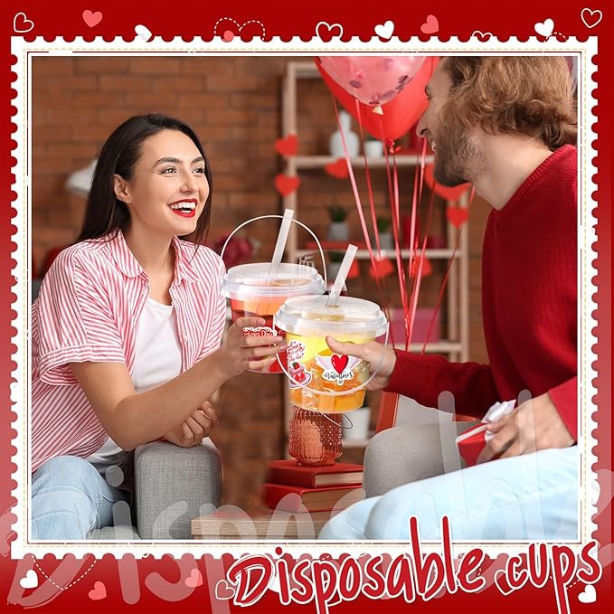 Funnymoom 30 Set Valentine's Day Clear Plastic Cups with Lids & Straws 24oz Disposable Rum Drink Buckets Bulk for Cocktail Parties with Handles & Stickers for Wedding Valentines Theme Party Supplies