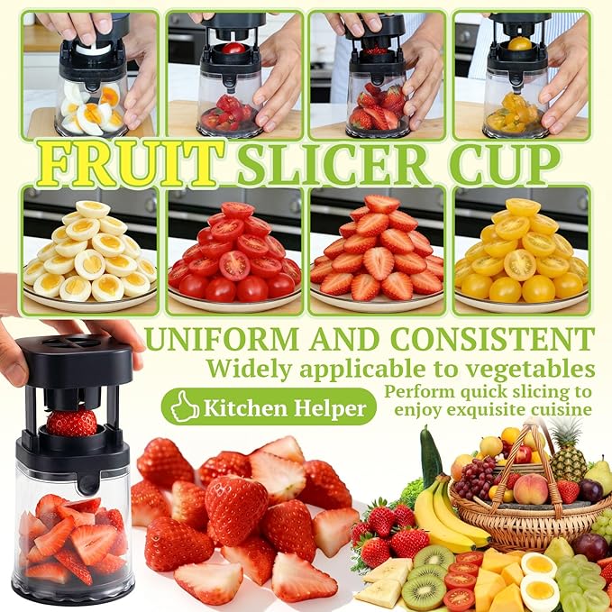 Hendiy Fruit Slicer Cup, Strawberry Slicer Grape Cutter Cup Fruit Slicers Stainless Steel Egg Slicers, Strawberry Cutter Kitchen Gadgets Speed Cutters for Banana Grape Egg
