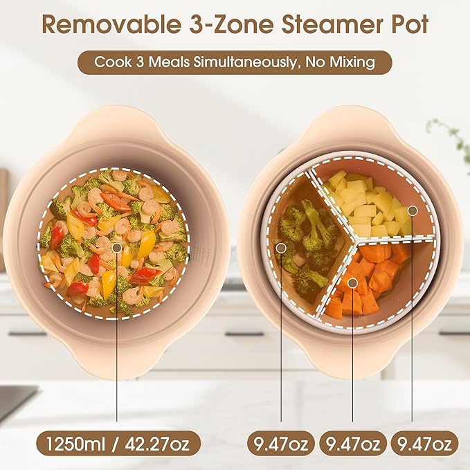 42oz Microwave Silicone Steamer 3 Compartmented for Vegetables/Fish/Baby Food, 4 in 1 Microwave Pot with Handle, Lid, Basket, Recipe ,Oven & Dishwasher Safe, Easy Clean, Korea Design 100% Food Grade (Pink)
