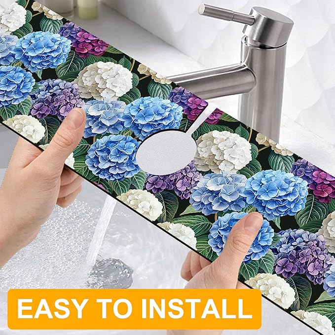 2 Pack Vintage Hydrangea Sink Faucet Absorbing Mat Colorful Hydrangeas Super Absorbent Fast Drying Mat Sink Gadgets Behind Faucet Sinkmat for Kitchen Bathroom, 23.5"x5.5"
