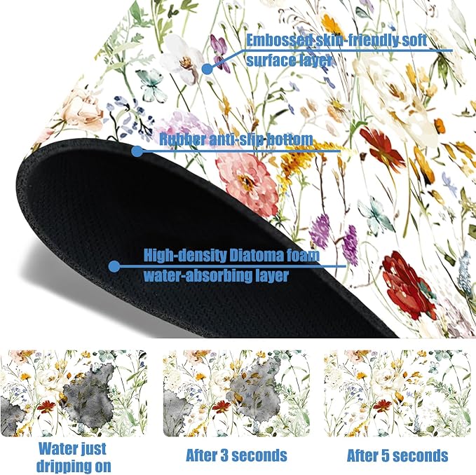 Sink Faucet Absorbing Mat Wildflower Sink Splash Guard Drying Mat for Kitchen Bathroom Faucet Sinkmat 23.5"X5.5"