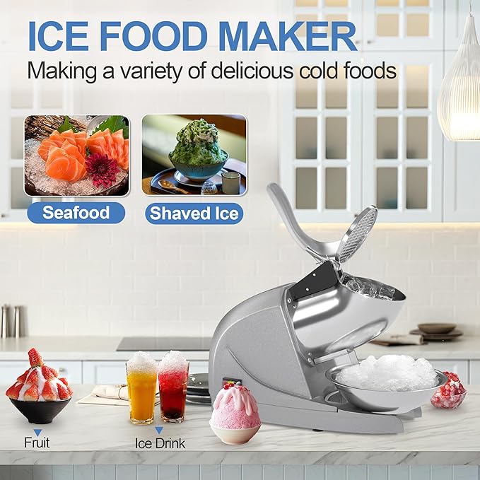 Shaved Ice Machine, Electric 3 Blade Snow Cone Machines, 380W Ice Crusher Machine, 286 lb/hr Ice Crusher, Ice Shaving Machine for Home and Commercial (Silver)