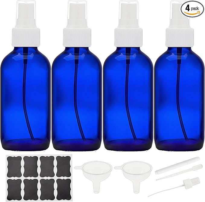 Cobalt Blue Glass Spray Bottles 4 oz, Small Empty Spray Bottles for Essential Oils, Fine Mist for Face, Hair, Plants, Travel, Perfumes, Cleaning Solutions - 4 Pack