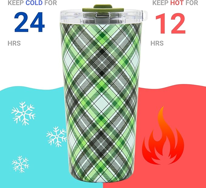 Drinco - 20 oz Stainless Steel Tumbler | Double Walled Vacuum Insulated Mug With Lid, 2 Straws, For Hot & Cold Drinks (20oz Ireland Plaid)