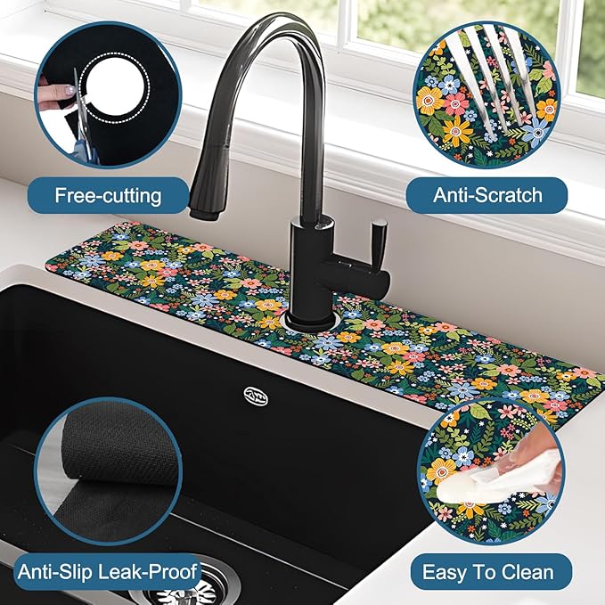 Colorful Flower Kitchen Sink Splash Guard Faucet Mat Flowers Leaves Super Absorbent Fast Drying Mat Sink Splash Guard Behind Faucet for Kitchen Bathroom, 23.5"x5.5"