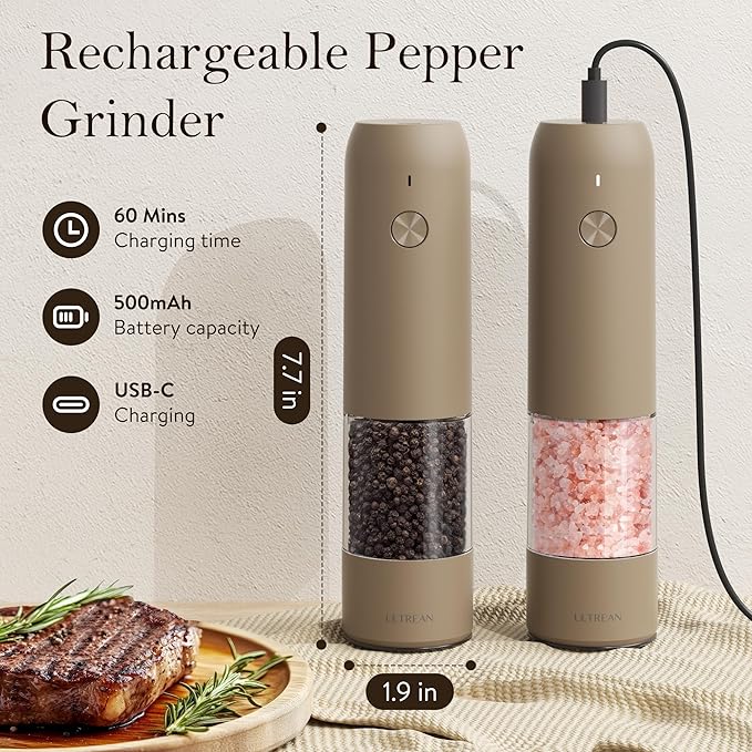 Ultrean Pepper Grinder, Rechargeable Salt and Pepper Grinder Set with 6 Adjustable Coarseness, LED Light, Electric Pepper Mill, Essentials for New Home Housewarming, Brown