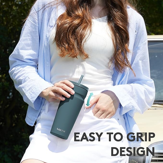 COKTIK 24oz Insulated Tumbler with Lid and Straw Iced Coffee Cup Reusable Stainless Steel Travel Mug Water Bottle Cupholder Friendly for Women Men Her Him (Twilight Fog)